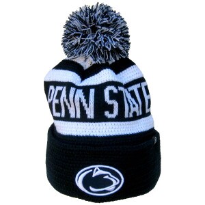 navy and white waffle knit hat with pom, Penn State, and stitched Athletic Logo